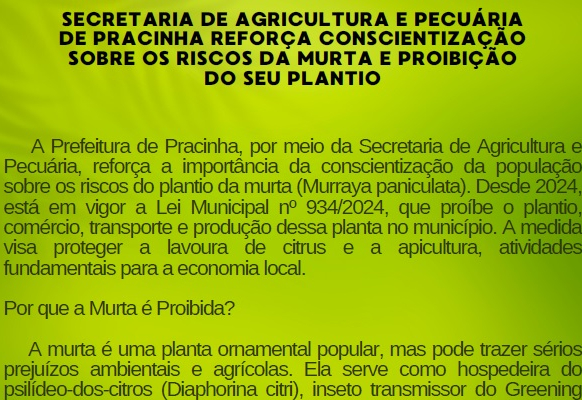 SECRETARIA DE AGRICULTURA E PECUÁRIA DE PRACINHA REFORÇA CONSCIENTIZAÇÃO SOBRE OS RISCOS DA MURTA E PROIBIÇÃO DO SEU PLANTIO